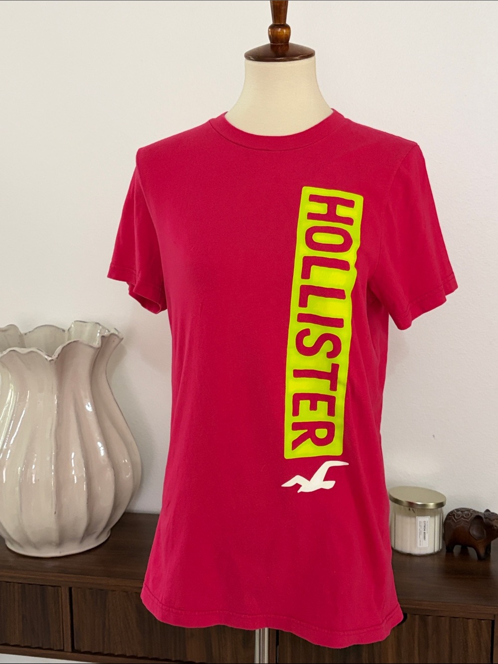 Hollister Hot Pink Short Sleeve Tee with Neon Yellow Vertical‎ Logo